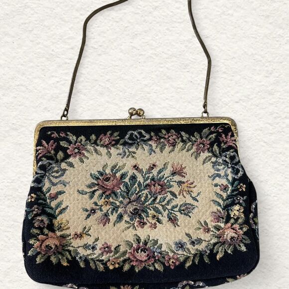 Vintage Walburg Black and Gold Floral Tapestry Clutch Purse - Picture 1 of 5